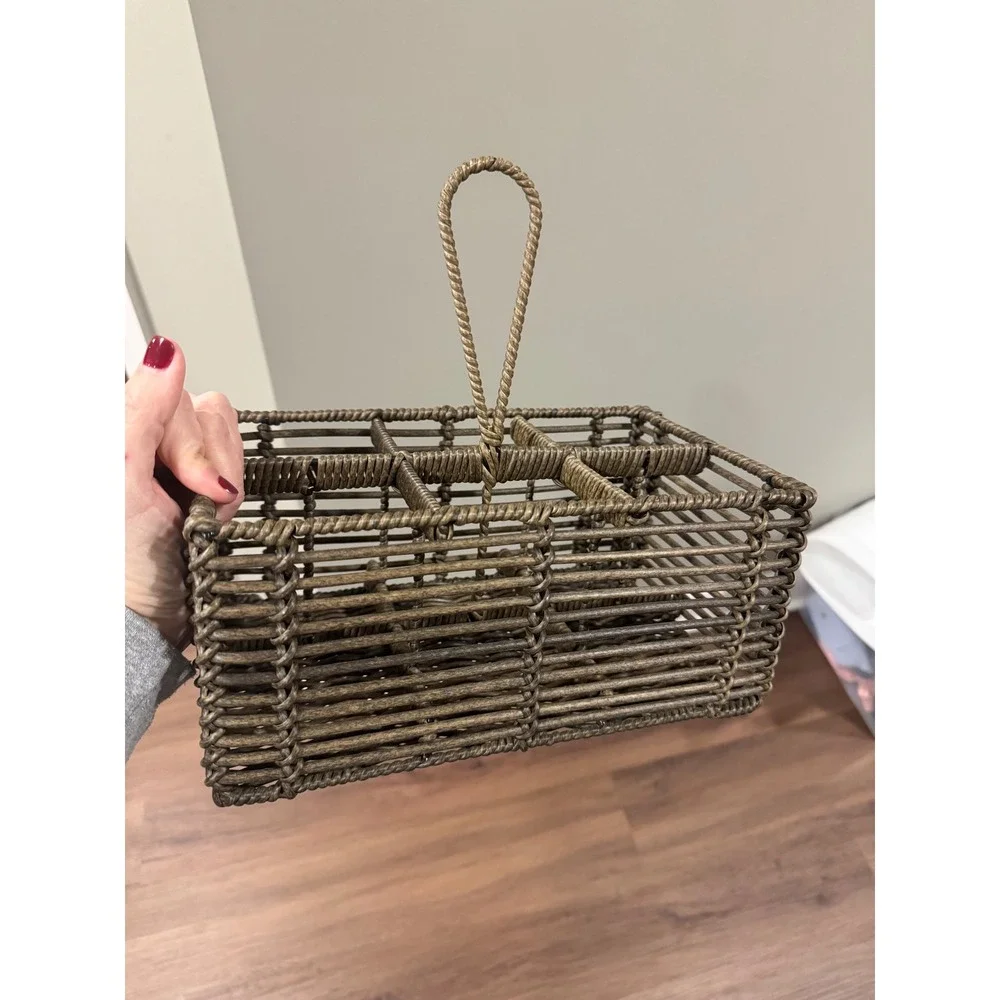 Threshold Woven Rattan Caddy Organizer Holder with Handle 6 Compartments Rustic